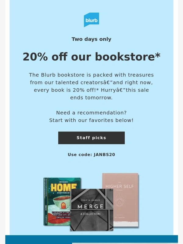 Blurb - It’s a sale! 20% off our bookstore