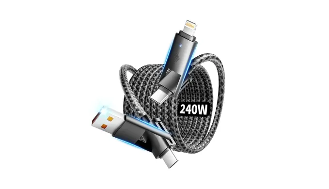 240W 4 in 1 Charging Cable, Braided USB to USB C Fast Charging Cable with E-Mark Chip, Multiple Charger Cord for iPhone 16/15/14 Series/Pad/MacBook/Android, Multi Chargers for All Devices[5FT]