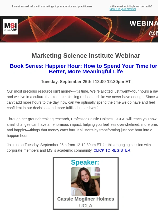 MSI - MSI Book Series Webinar: Happier Hour: How to Spend Your Time for a Better,More Meaningful Life