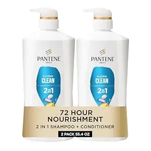 Pantene 2-in-1 Shampoo & Conditioner, Classic Clean - Pro-V Nutrients for Dry, Color-Treated Hair, Healthy Looking Hair Every Wash, Antioxidant-Rich, 27.7 Oz Each, 2-Pack + Rescue Shot (0.5 Oz)