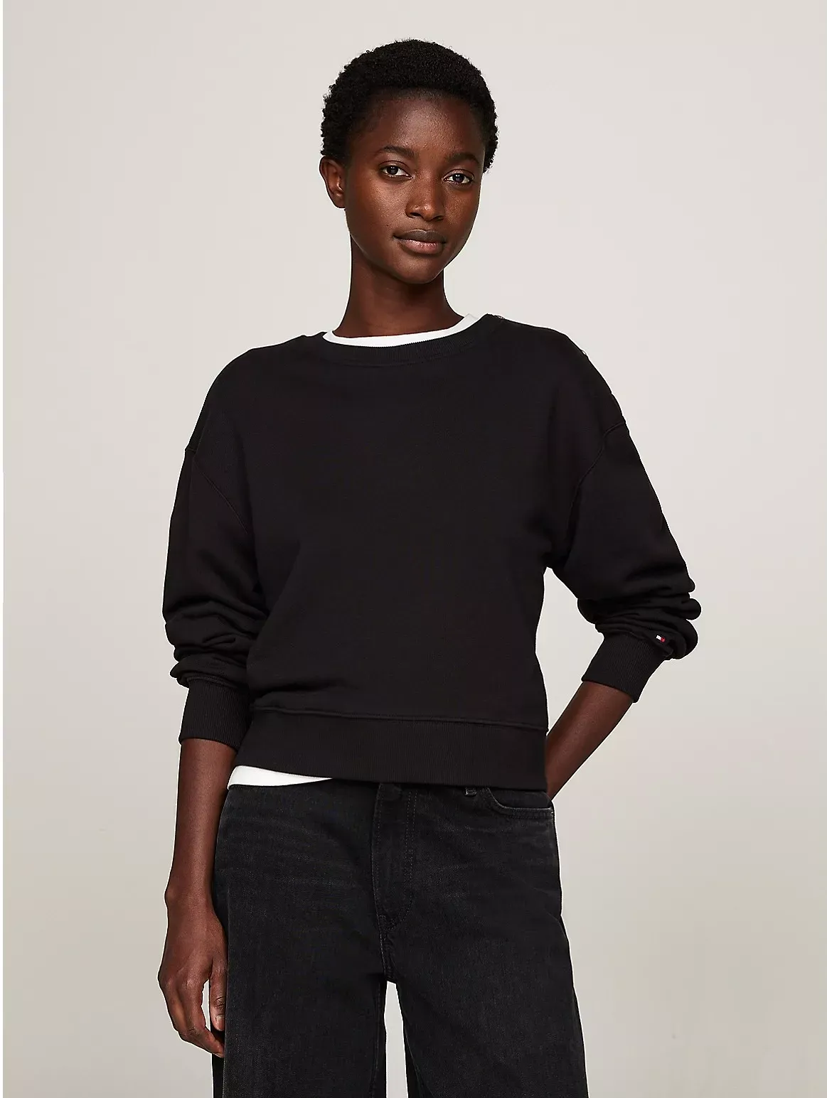 Tommy Hilfiger Women's Gold Button Crewneck Sweatshirt - Black - S