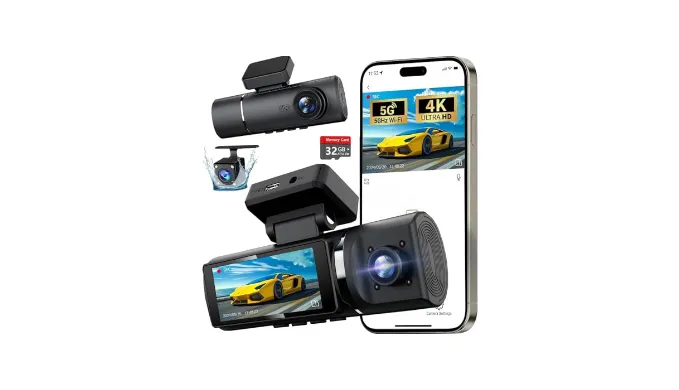 3 Channel 4K WiFi Dash Cam, 4K+1080P+1080P Front Inside and Rear, Triple Dash Camera with 64GB Card, APP Control, G-Sensor, 24 Hours Parking Mode, Loop Recording, Night Vision