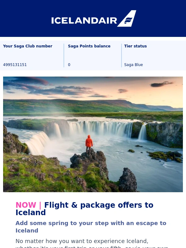 Icelandair - Now through March 23: Spring travel offers to Iceland