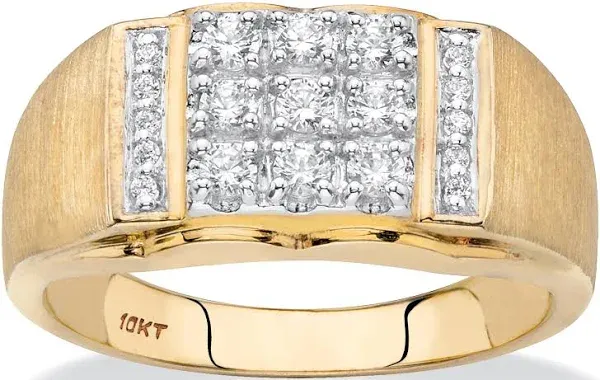 Round Diamond Rectangle Brushed Matte Grid Ring 1/2 TCW in Solid 10k Yellow Gold Palmbeach Jewelry Men's