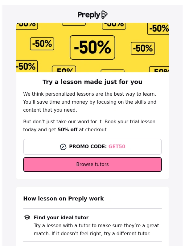 Preply - Get 50% off your first English lesson ?