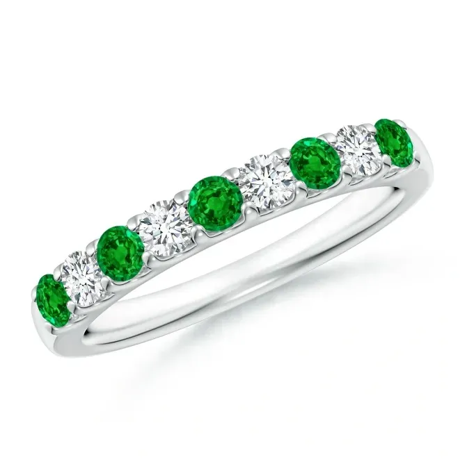 Shared Prong Emerald and Diamond Half Eternity Ring