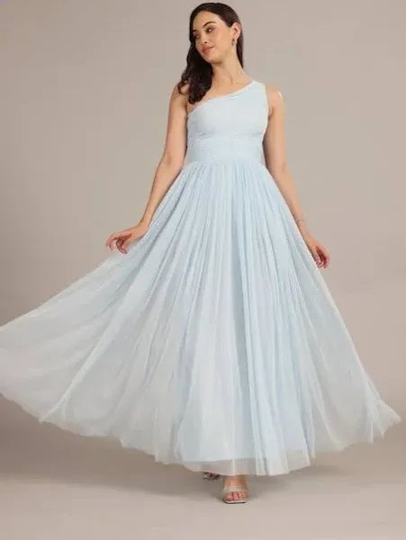 Lace & Beads Bridesmaid one shoulder maxi dress in powder blue