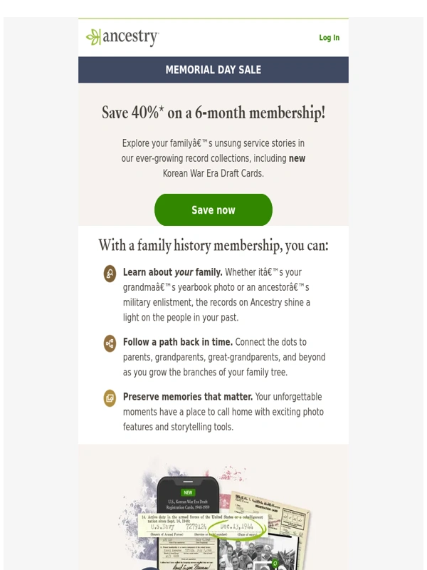 Ancestry - Memorial Day Sale: Save 40% on a membership!