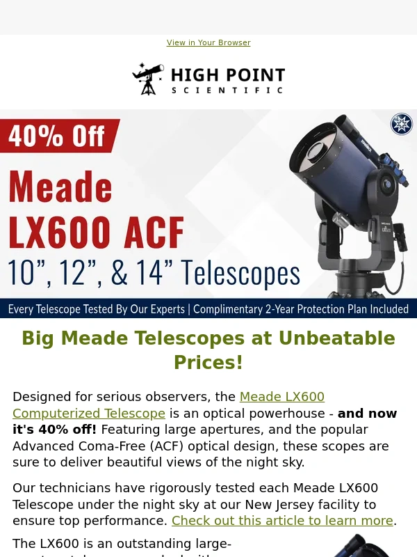 High Point Scientific - ? Meade LX600 Telescopes Now 40% Off!
