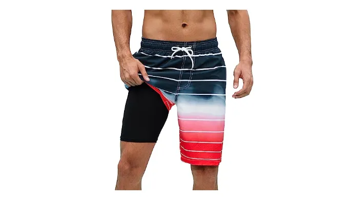 Arcweg Mens Swim Trunks with Compression Liner 9 inch 2 in 1 Shorts Big and Tall,Quick Dry, Black Gradient Red