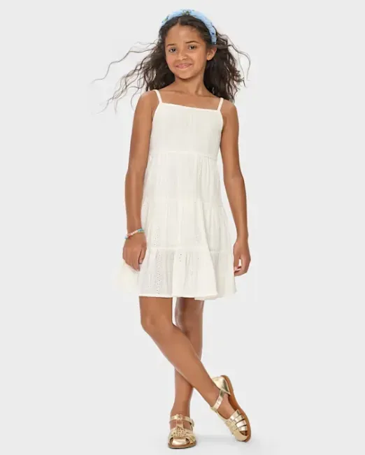 Girls Bow Back Eyelet Tiered Dress - white