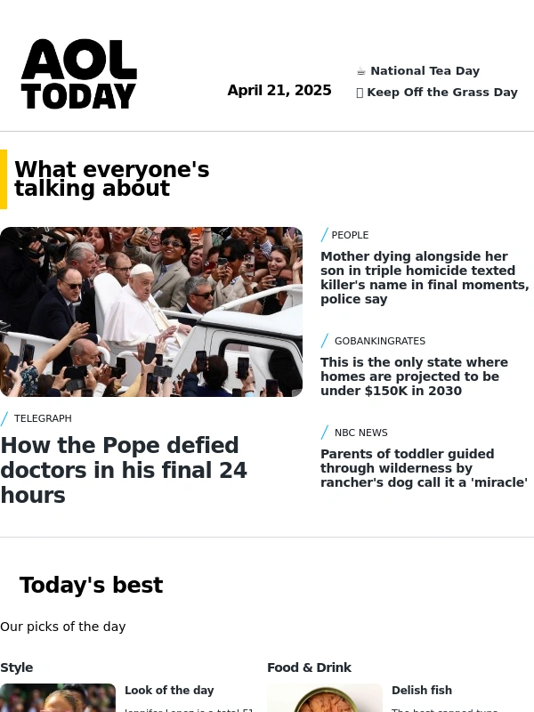 AOL - Pope defied doctors; J.Lo rocks pink leather; delish fish