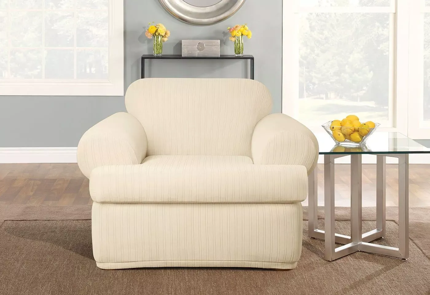 SureFit Stretch Pinstripe Two Piece Chair Slipcover   Form Fit   Machine Washable   Outlet in Cream