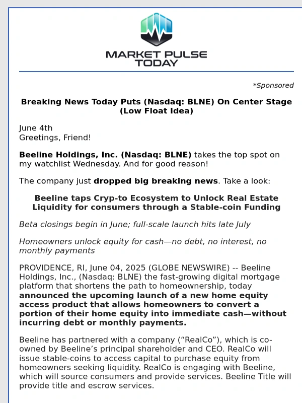 Barchart - Breaking News Today Puts (Nasdaq: BLNE) On Center Stage (Low Float Idea)