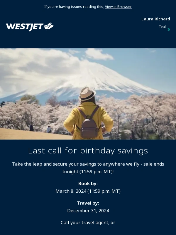 WestJet - Less than 6 hours left! Extra savings added