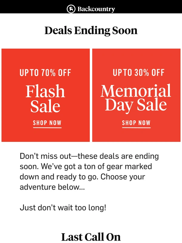 Backcountry - Memorial Day deals are ending!