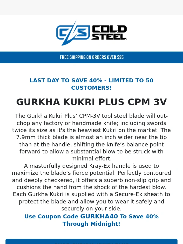 Cold Steel - Last Day | Save 40% On The Gurkha Kukri Plus