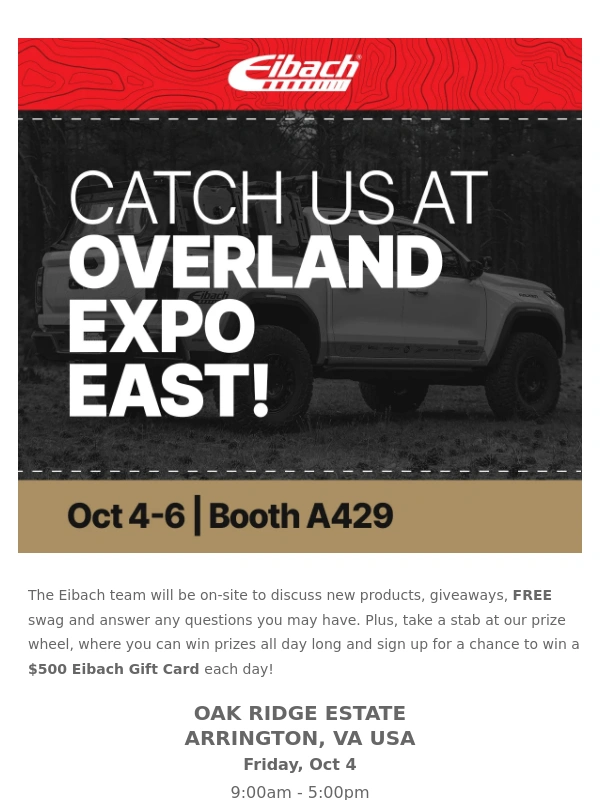 Eibach - Come see us at Overland Expo East Oct 4-6
