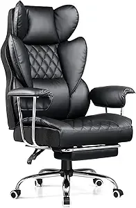 COMHOMA Big and Tall Office Chair, High Back Leather Gaming Chair with Footrest, Executive Ergonomic Office Chair with Pocket Spring Lumbar Support and with Outward Fixed Soft Armrests