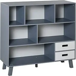 Homcom 3-Tier Bookcase Chest Open Shelves Cabinet Home Storage Furniture with Drawers (Grey)