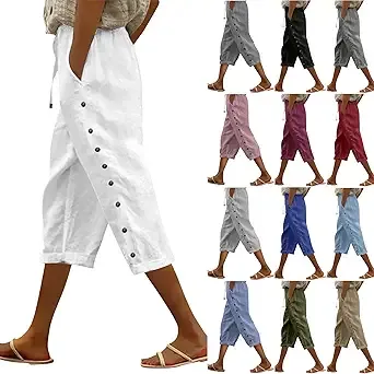 kosheko Petite Linen Pants Women 2025 Summer Cotton Linen Capri Shorts Trendy Lightweight Drawstring Striped Short Pants with Pocket