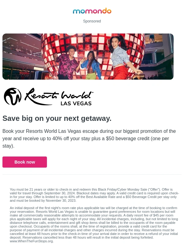 Momondo - Save up to 40% off your Vegas trip + $50 beverage credit