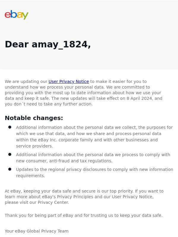 eBay - Updates to our User Privacy Notice