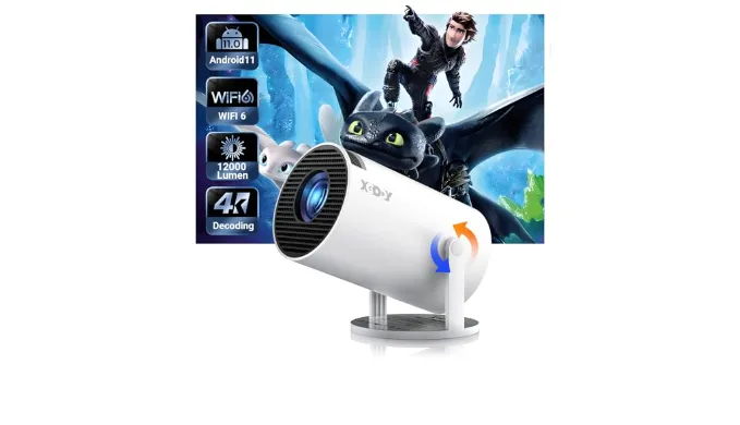 Smart Mini Projector WiFi6 Bluetooth 5.0 XGODY Gimbal 3 Protable Projector 12000L Support 4K with Android TV 11.0, Auto Keystone Correction Video Projector, 180°Rotatable Stand for Home Movie（White）