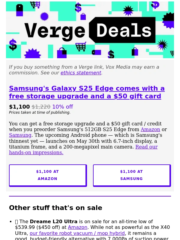 The Verge - Samsung’s upcoming Galaxy S25 Edge is already on sale