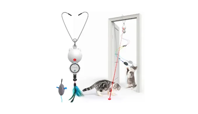 FEELNEEDY Laser Cat Toys for Indoor Cats, Interactive Cat Toy LED Light Hanging, Cats Wand Toy Feather, Feather & Mouse for Bored Adult Kitten Exercise, White