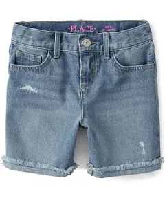 Girls Roll Cuff Denim Midi Shorts - Blue