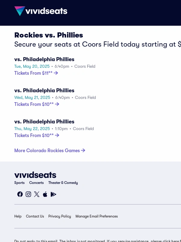 Vivid Seats - Homestand Alert ⚾ Rockies vs. Phillies Tomorrow