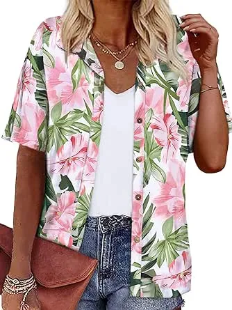 LILYCHIC Womens Hawaiian Shirts Tropical Aloha Outfits Luau Summer Beach Tops Short Sleeve Floral Casual Blouses Pink L