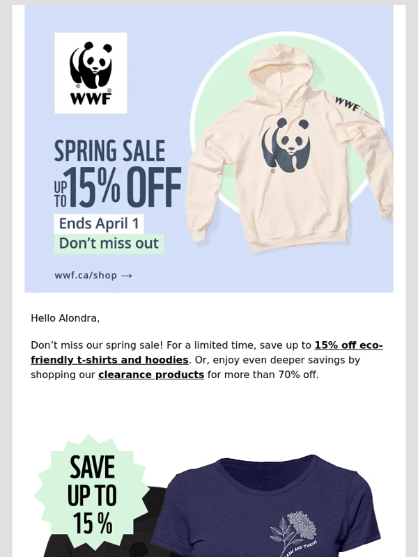WWF - Spring sale: Save up to 15% on eco-friendly apparel until April 1