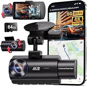 QCONTROL 5G WiFi 3 Channel Dash Cam Front and Rear Inside, 4K+1080P+1080P Dash Camera for Cars, GPS Dashcam, Car Camera with 3-Inch Screen, IR Night Vision, 24Hr Parking Mode, G-Sensor, 64GB Card