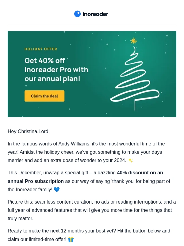 Inoreader - ‘Tis the season to upgrade: Get 40% off an annual Pro plan! ?