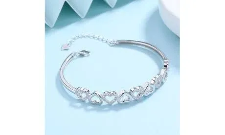 14K White Gold Swarovski Crystal Heart Bangle Bracelet