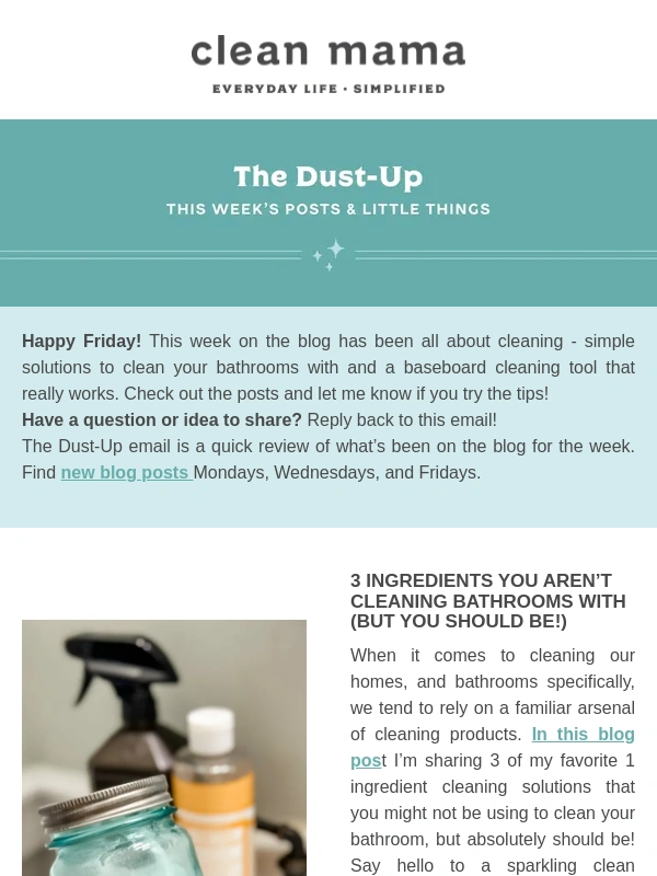 Cozi - The Dust-Up - Baseboard cleaning tools,3 ingredients to clean bathrooms,and more