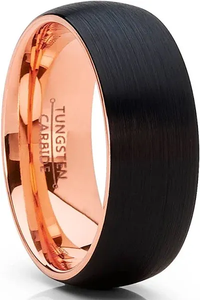 Men's Metal Masters Tungsten Ring Rose Goldtone Black Wedding Band Dome Brushed 8mm