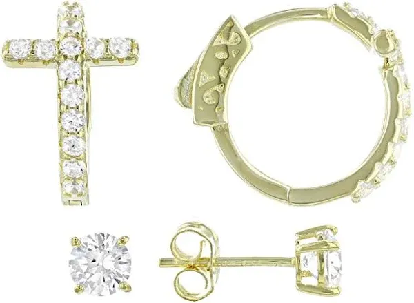2.35ctw Cubic Zirconia Cross Hoop and Stud Earring Set in Rhodium Over