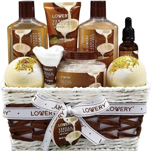 Bath and Body Gift Basket 9 Piece Set Vanilla Coconut