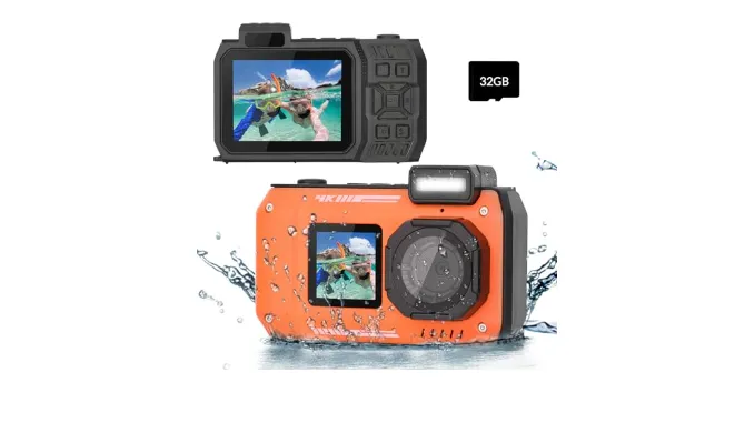 4K Underwater Camera 33 FT Waterproof Camera with Dual Screens Selfie Digital Camera Built-in 2500 mAh Battery 48MP Autofocus Waterproof Digital Camera for Snorkeling, Novice Photographer,Orange
