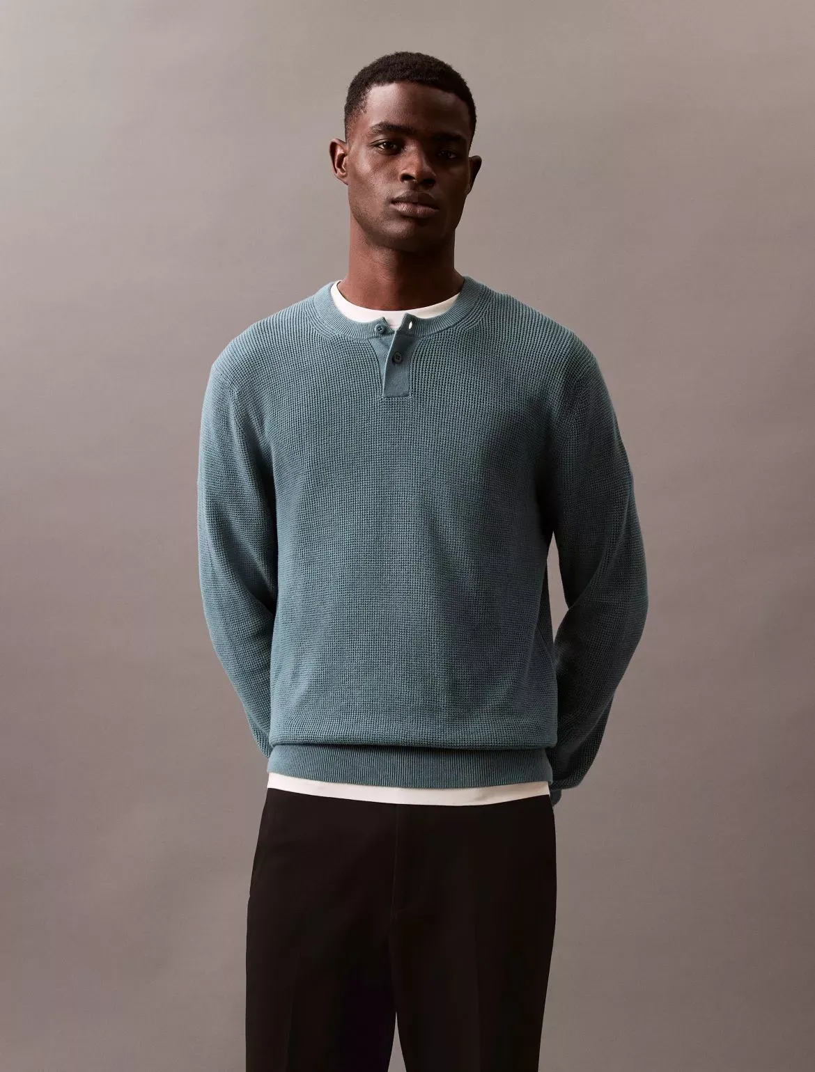 Calvin Klein Men's Smooth Cotton Waffle Henley Sweater - Green - L