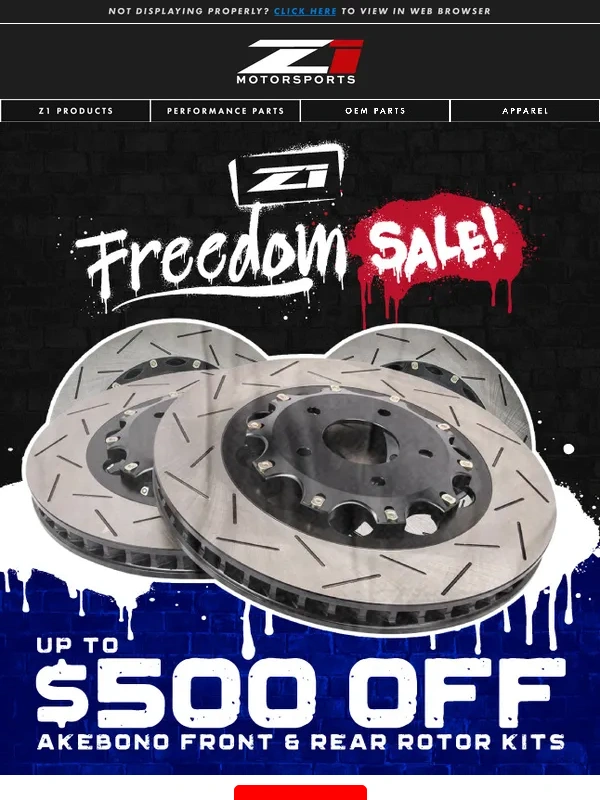 Z1 Motorsports - Up to $500 OFF AKEBONO Front & Rear Brake Rotor Kits during the Z1 Freedom Sale!