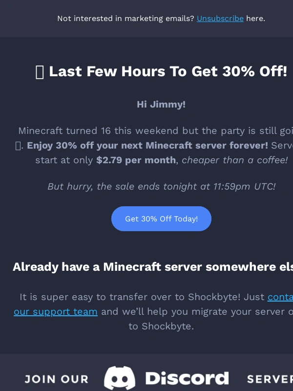 SHOCKBYTE - Fwd: ⏳ Final hours: 30% off Minecraft servers (forever!)