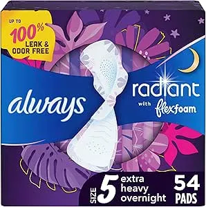 always Radiant Feminine Pads for Women, Size 5 (Pack of 3), Extra Heavy Overnight, with Wings, Scented, 18 Count, (54 Count Total)