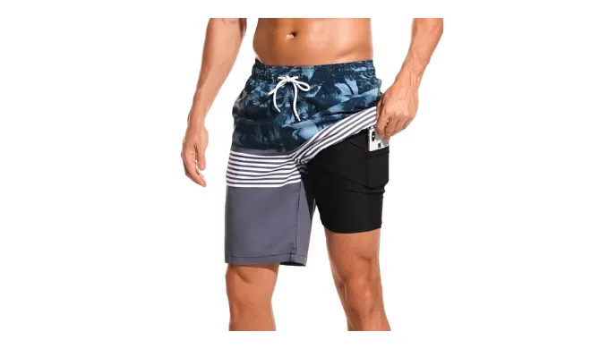 SILKWORLD Mens Swimming Trunks with Compression Liner Quick Dry Board Shorts Swimsuit with Zipper Pockets,Printing+White+Grey,Medium