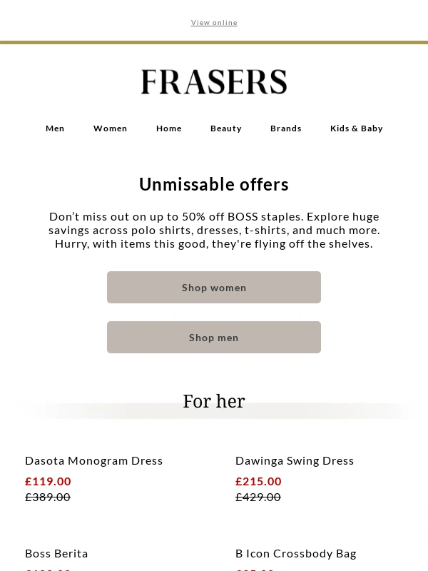 House of Fraser - Payday offer: Up to 50% off BOSS