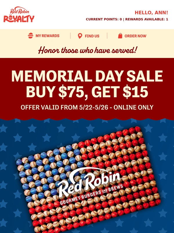 Red Robin - Buy $75,Get $15! Online only