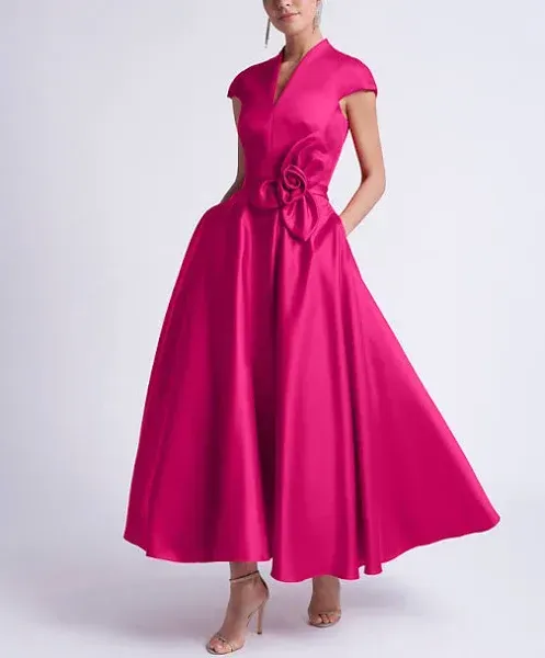 LightInTheBox A-Line V-Neck Tea Length Sleeveless Satin Cocktail Dress with Bow